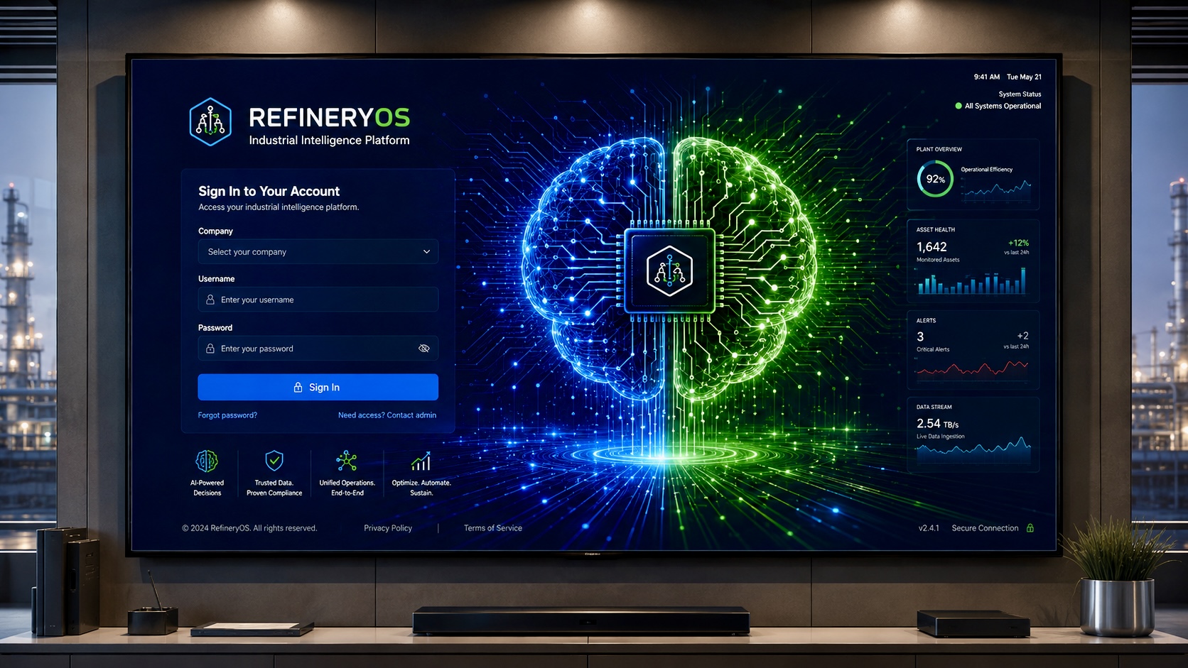 RefineryOS industrial intelligence interface with an AI brain, plant metrics and secure sign-in